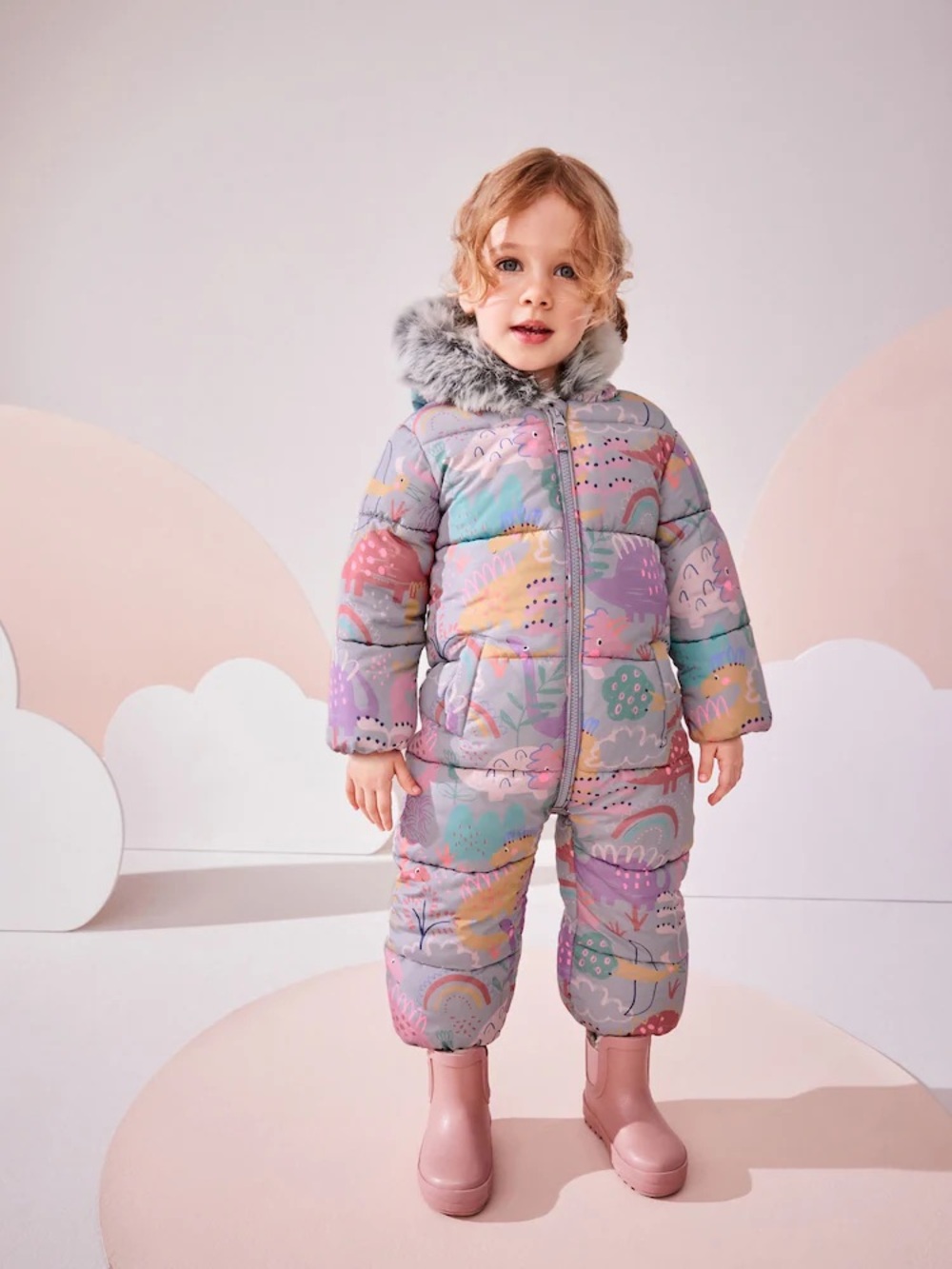 Girls Pastel dinosaur rainbow Puffer Snowsuit with Faux Fur Hood